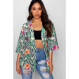 boohoo Stripe And Floral Print Kimono - Small